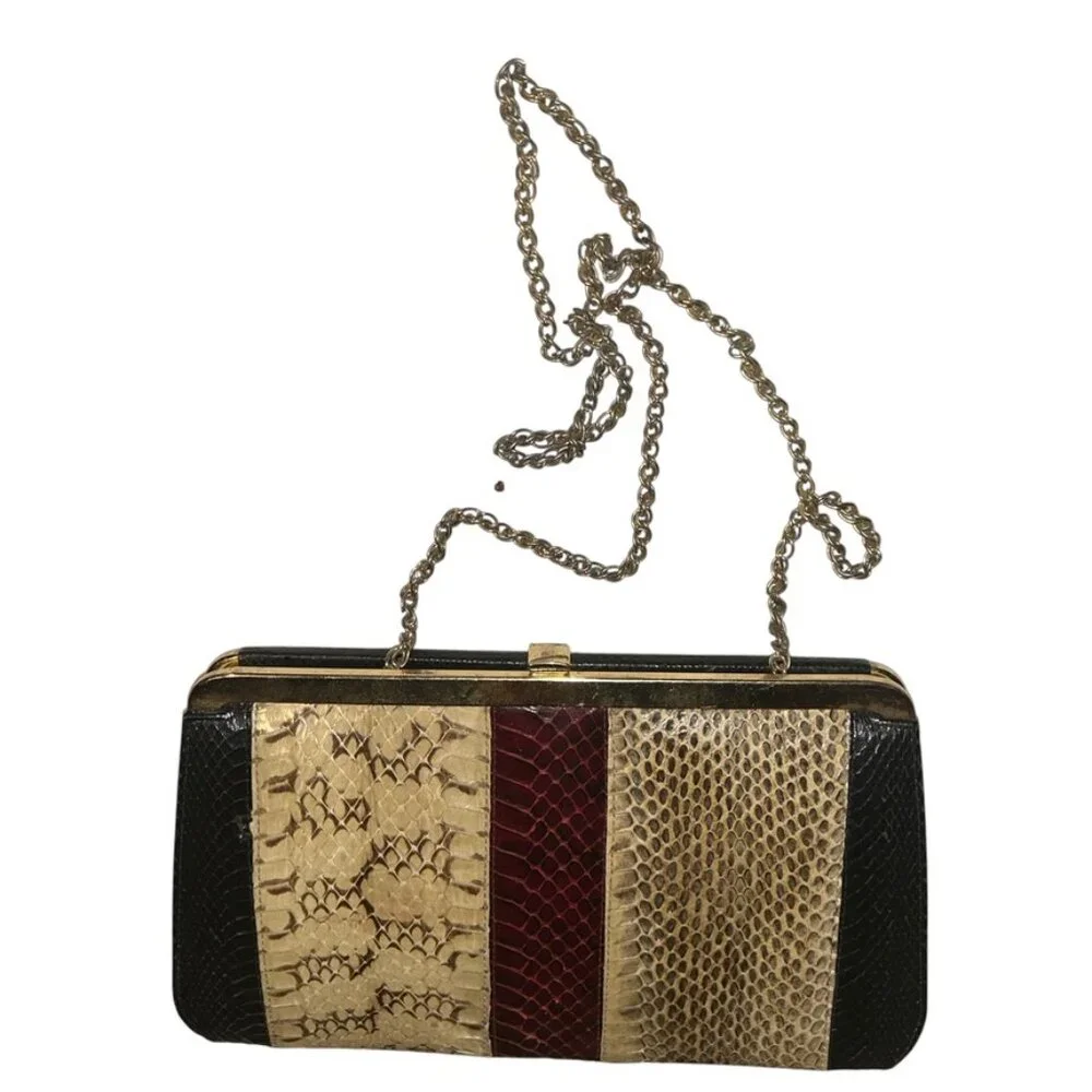 Vintage England Genuine Snakeskin rich cream burgundy black python clutch bag